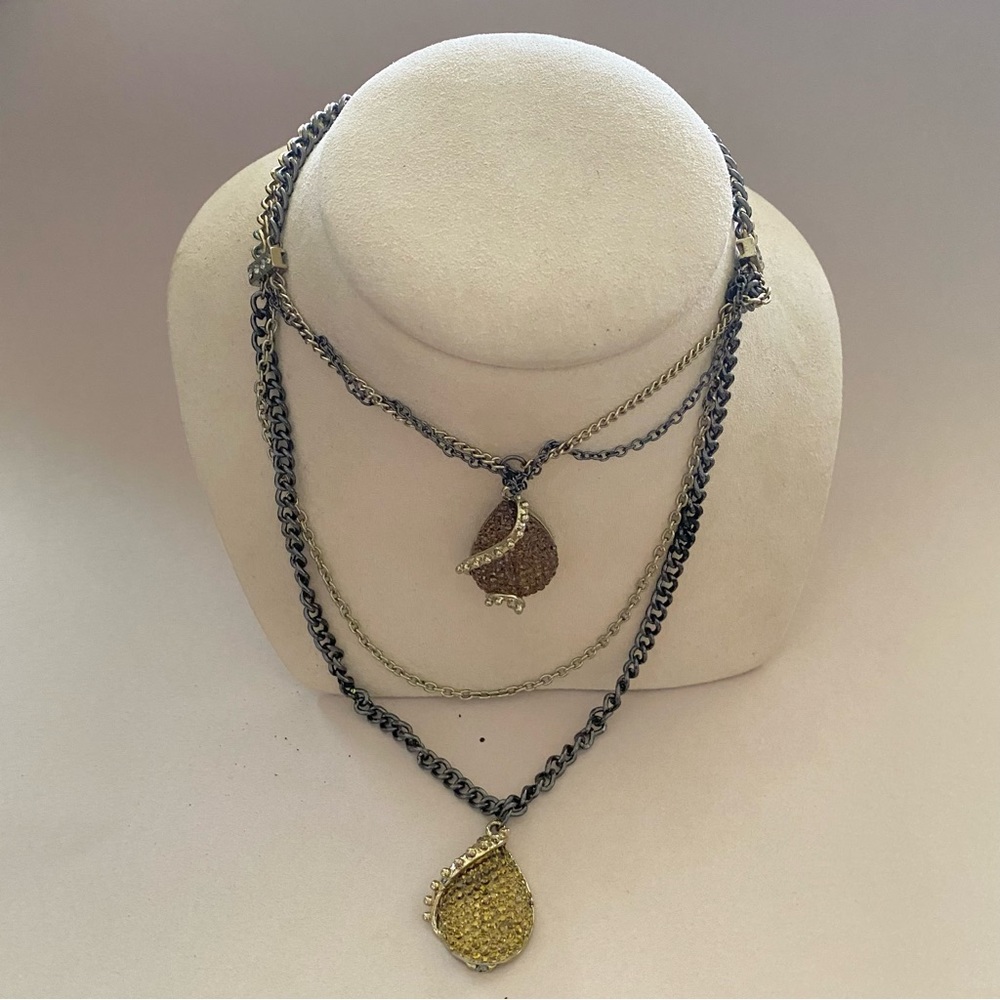 Vintage - Robert Rose Antique Gold Tone & Black Layered Chain Teardrop Necklace